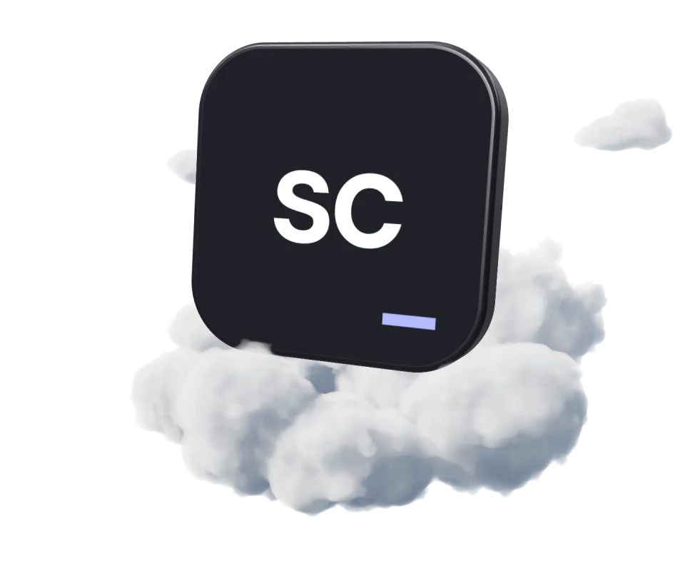 The charcoal SC computer floating above soft white clouds, with the original sc logo and lavender cursor.